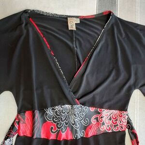 L8teR Black Faux Wrap Dress Red Floral Print Short Sleeve Women's L Asian Kimono